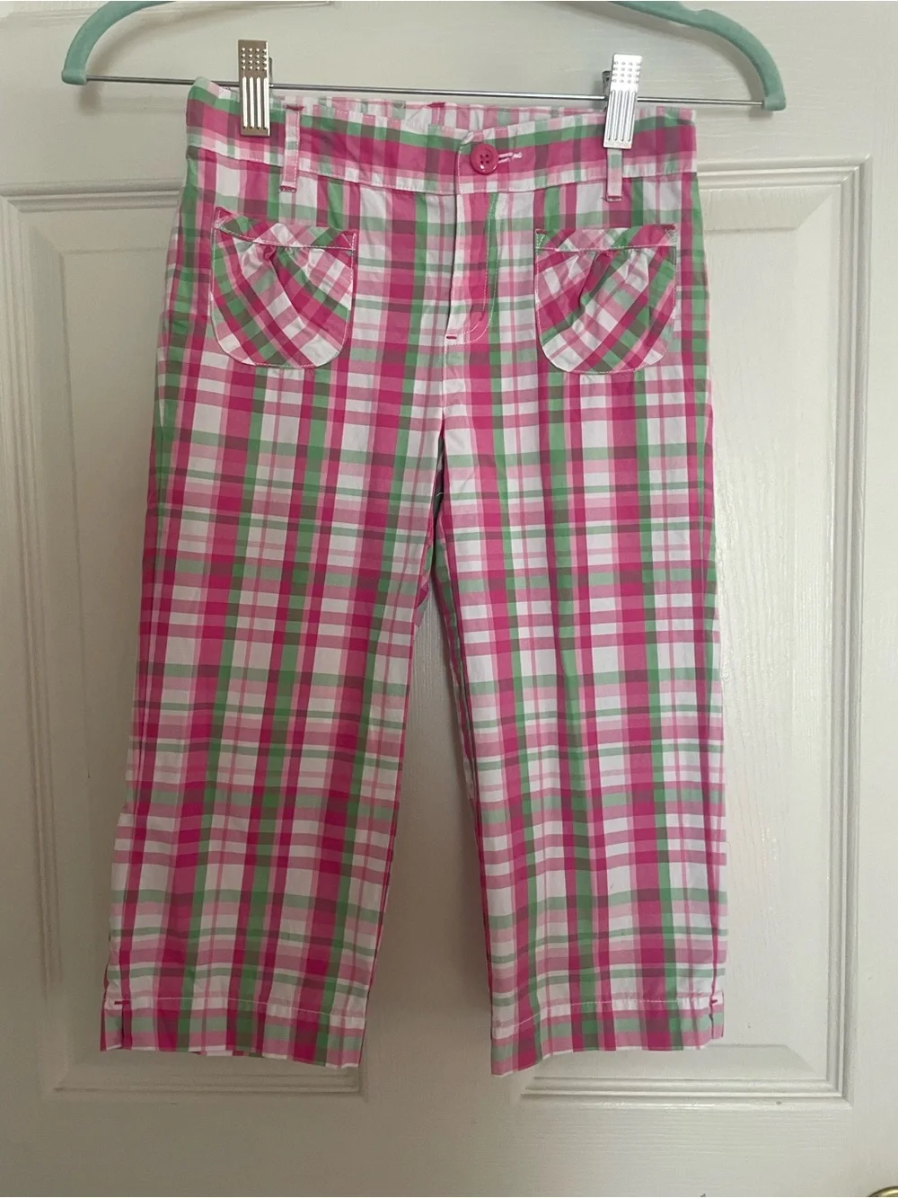 Gymboree Girls Pink & Green Plaid Capri Pants - Casual Pull-On Style